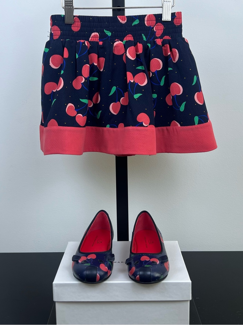Little Marc Jacobs Cherry Skirt + Leather Ballerina Mouse Shoes, Navy/Red